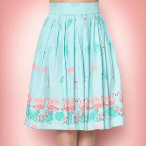 Turquoise Blue Pleated Knee Length Skirt, Printed Flamingo and Tropical Flower